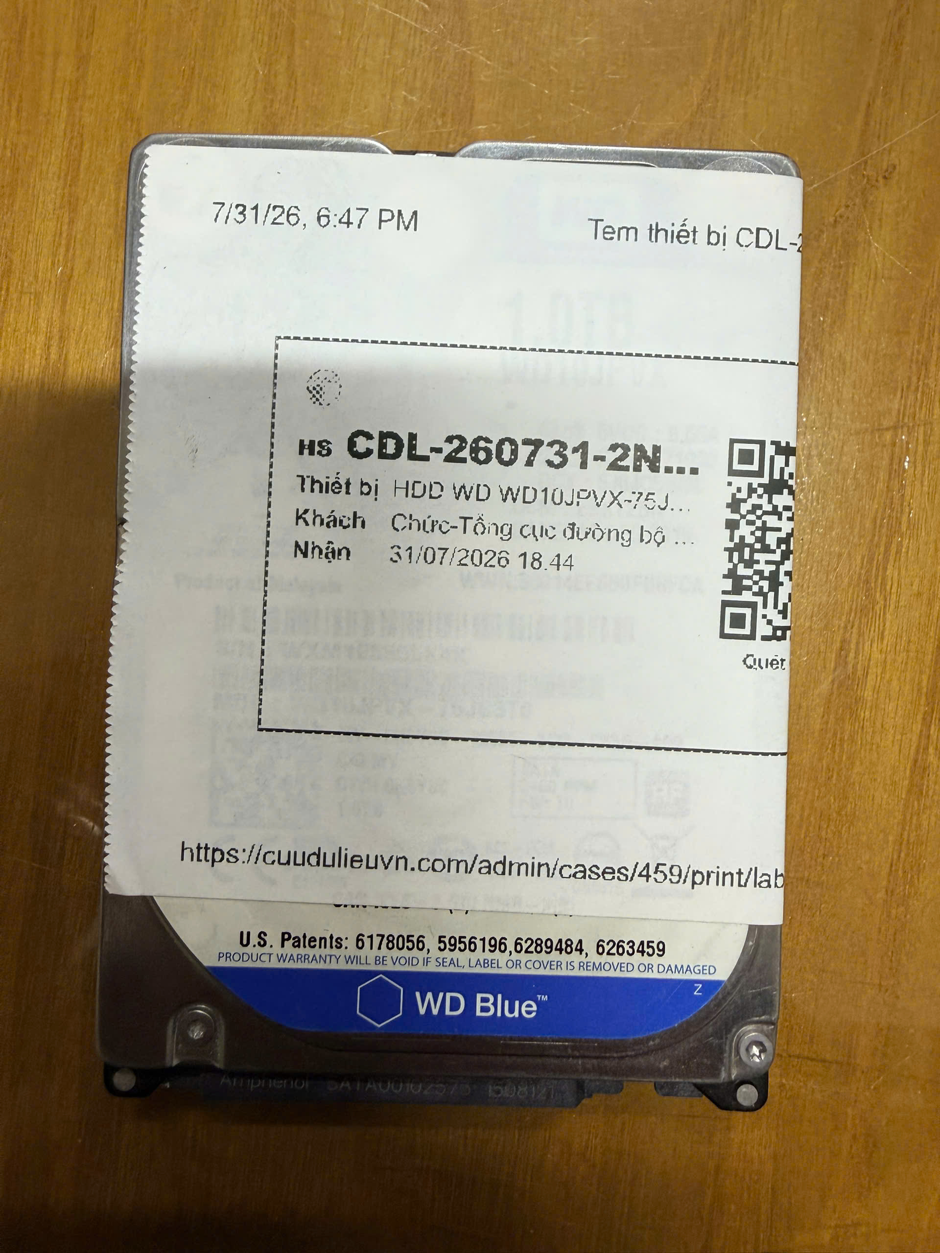 Ca cứu dữ liệu HDD WD WD10JPVX 1TB cho Tổng cục đường bộ Việt Nam